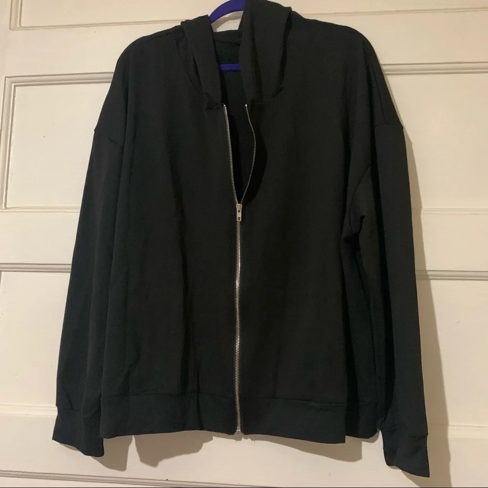 Simple Zip-Up Drop Shoulder Black Jacket with Hood NWOT_5